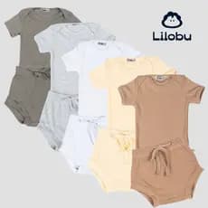 Kit 5 conjuntos Lilobu body bebe curta e short tapa fralda canelado macio e confortável 24005-K5