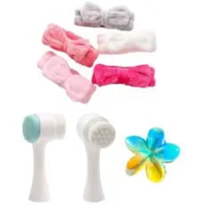 Kit Skin care Completo - Escova 2 em 1 + Tiara de Pelucia + Presilha ou Piranha de Flor Plumeria