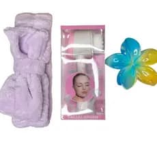 Kit Tiara para Skincare e Maquiagem + Escova 2 em 1 para Skin care _ Presilha de flor Plumeria
