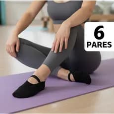 Kit 6 Pares Meia Pilates Preta Antiderrapante Sapatilha Feminina p/ Yoga Academia Algodão Poliéster Elastano