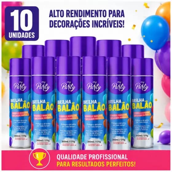 Kit 10 Brilha Balão Spray Bexiga Festa Buffet Festa 300ML Decoração Realça Cor do Balão