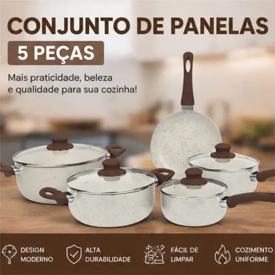Conjunto de Panelas Antiaderente Jogo com Tampa de Vidro Kit 5 Peças com Frigideira, Caçarolas e Panelas Cerâmico