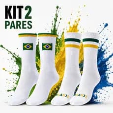 Kit 2 Pares Meias Brasil Cano Alto Unissex | Meia Esportiva Futebol Corrida Academia