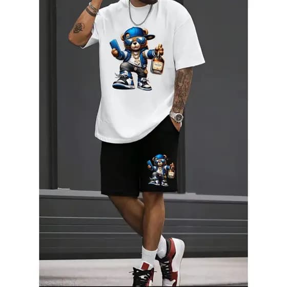 Conjunto de Camisetas Esportivas Casuais Estampadas para Homens Urso Revoada
