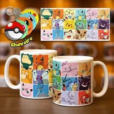 Caneca Xícara Pokémon Com Chaveiro Personalizada Anime Pikachu Iniciais Pokebola