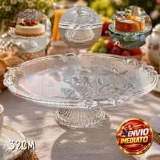 Prato Para Bolo Com Pé 33CM Boleira de Vidro Centro de Mesa Multiuso Pudim Tortas e Sobremesas