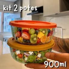 Kit 2 Tigelas Pote de Vidro Com tampa Plastica 900 ML Multiuso Marmita