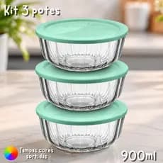 Kit 3 Tigelas Pote de Vidro Com tampa Plastica 900 ML Multiuso Marmita De vidro