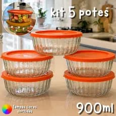 Kit 5 Potes Tigela de Vidro Com tampa Plastica 900 ML Multiuso Marmita De vidro