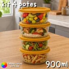 Kit 4 Potes Tigela de Vidro Com tampa Plastica 900 ML Multiuso Marmita De vidro