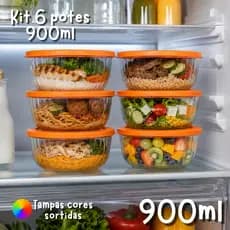 Kit 6 Potes Tigela de Vidro Com tampa Plastica 900 ML Multiuso Marmita De vidro