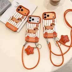 Capa de Cachorro Dachshund Listrada em Laranja e Branco para iPhone 15, 14, 13, 12, 17 Pro Max, 16 Pro com Cordão, Cober