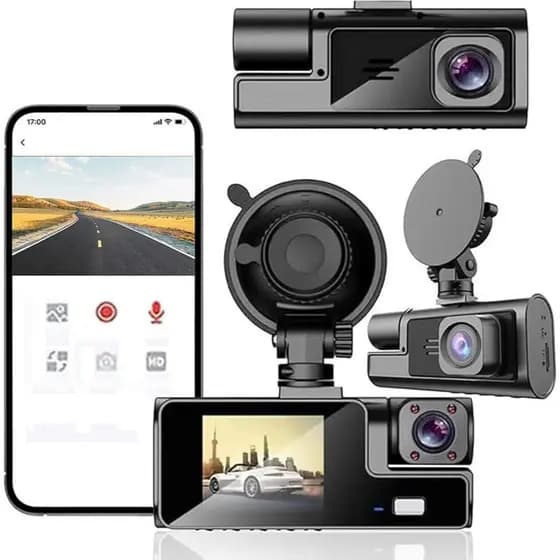 Câmera Veicular Tripla com Visão Noturna Dash Cam Assegurando Condução Segura Câmeras Frente , Centro E Traseira