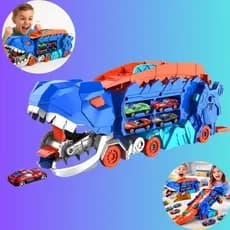 Caminhão Dinossauro T-Rex Transporte Cegonha + Pista Carrinho Maleta Brinquedo Infantil + 4 Carrinhos