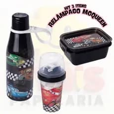 Kit 3 Lanche Marmita + Copo Mini Shakeira 320ml + Garrafa 530ml Relampago Mcqueen Carros Escolar Infantil