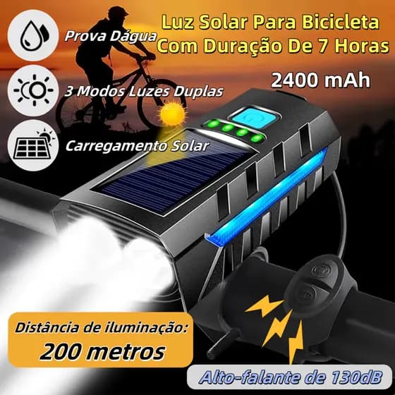 Kit Lanterna Bike Solar Com Buzina E Power Bank 12 Horas Recarregável À Prova D'Água Farol Bicicleta