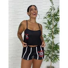 Baby Doll Timão Feminino Estampado Time de Futebol Pijama Blusinha Alças Fixas Short Curto