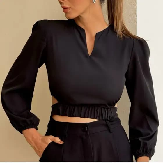 Blusa Cropped Feminina Casual Elegante Manga Longa Bufante Elástico Amarração Nas Costas Tendência