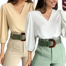 Kit Duas Blusas Manga 3/4 Novas Cores Tecido Verão Moda Evangelica Detalhe