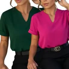 Kit Duas Blusas Manga Dobrada Detalhe V Tendência Evangelica Moda