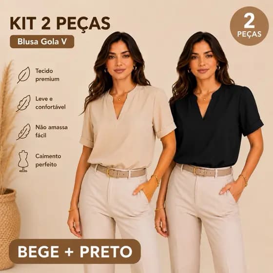 Kit Blusa Manga Dobrada Detalhe Em V Tendência Moda Feminina Evangelica