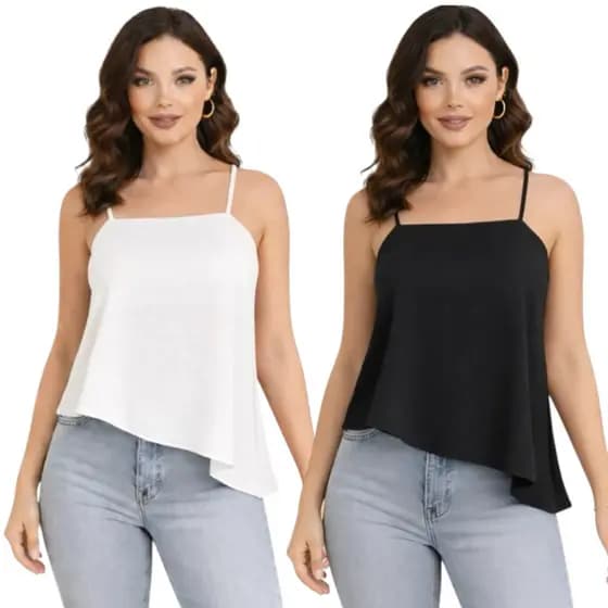 Kit 2 Regatas Feminina Assimétrica Decote Reto Alça fina alcinha Soltinha Fluida Fresquinha Verão Básica Essencial