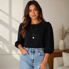 Blusa Feminina Crepe Premium Alfaiataria Bufante Princesa Manga 3/4 Elegante Moderna Blogueira Tendência Look Social