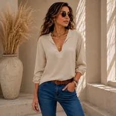 Blusa Manga 3/4 Feminina Elegante Casual Detalhe em V Moda Evangica Duna Social Básica Várias Cores