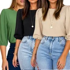 Kit 3 Blusas Feminina Crepe Premium Alfaiataria Bufante Princesa Manga 3/4 Elegante Moderna Blogueira Tendência Social