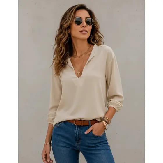 Blusa Feminina Manga Longa Gola V Crepe Alfaiataria Social Várias Cores