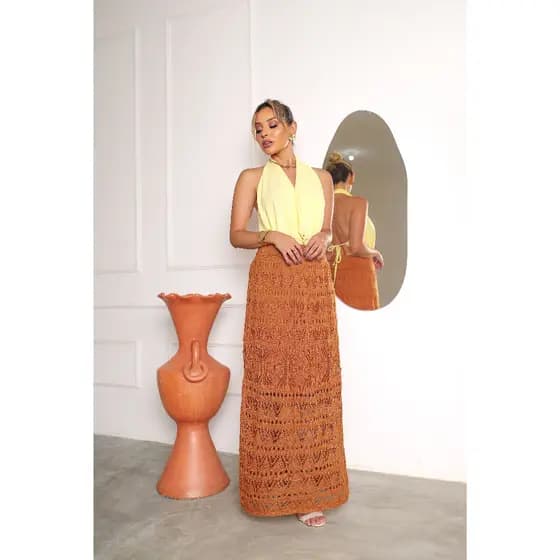 Saia Longa Tricot Forrada Elegante Rendada Casual Moderna Cós Elástico Saida Praia Piscina Verâo .
