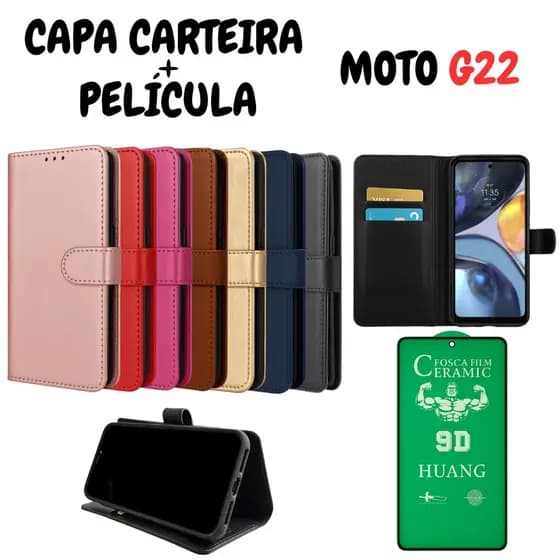 Capa Capinha Carteira Para Motorola G22 + Película de Cerâmica
