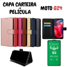 Capa Capinha Carteira Para Motorola G24 + Película de Cerâmica