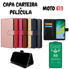 Capa Capinha Carteira Para Motorola E13 + Película de Cerâmica