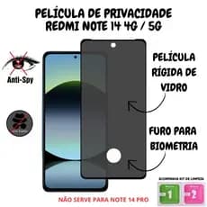 Película de Privacidade Vidro 3D Para Redmi Note 14 4G / 5G - Com Furo Para Biometria