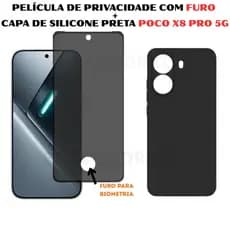 Película Privacidade Vidro 3D Xiaomi Poco X8 Pro 5G + Capa Silicone - Furo Para Biometria