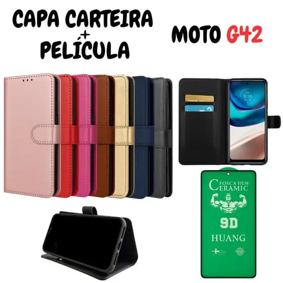 Capa Capinha Carteira Para Motorola G42 + Película de Cerâmica