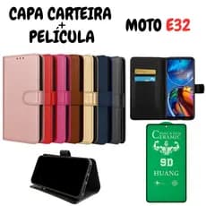 Capa Capinha Carteira Para Motorola E32 + Película de Cerâmica