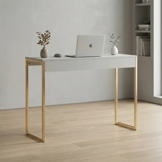 Mesa Escrivaninha Branco Dourada Moderna 90x45x75 cm Home Office Notebook Quarto Computador Estudo
