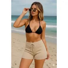 Short Saida De Praia Crochê Regulagem na Cintura Trico tricot Feminino Moda Praia Verão