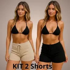 kit 2 Short Saida De Praia Crochê Regulagem na Cintura Trico tricot Feminino Moda Praia Verão