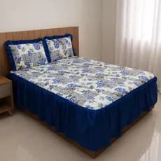 Colcha para cama de Casal Lorena 3 Peças De Sarja estampado Com Babado 2,50m x 2,40m