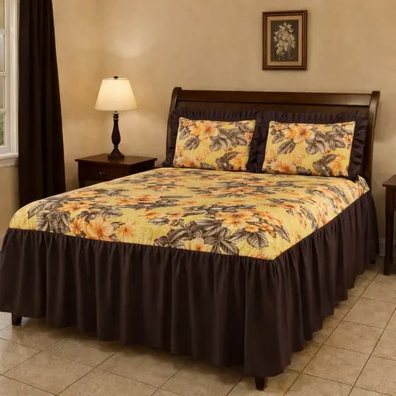 Colcha para cama Queen Lorena 3 Peças De Sarja estampado Com Babado 2,60m x 2,60m