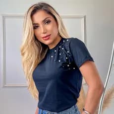 T-shirt Pérolas Camiseta Feminina Blusa Básica Com Aplicações
