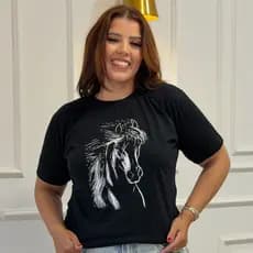 T-shirts Plus Size Country Feminina Blusa Cavalo Preta Promoção