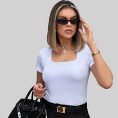 Blusa Feminina Manga Curta Suplex Decote Quadrado Confortavel Casual P ao G3 Forrada