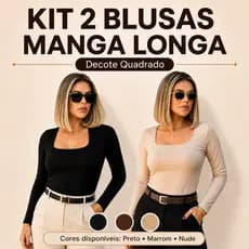 Kit 2 Blusas Femininas Manga Longa Plus Size Decote Quadrado Suplex Básica Confortável Segunda Pele