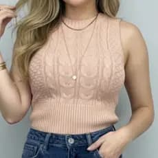 Blusa Feminina Estilosa Cropped Tricô Regata Tricot Modal Elegante Básica Trança Final de Ano Branco