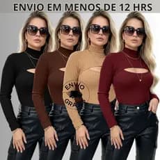Body Feminino Estiloso GOLA ALTA Manga Comprida Colante Boddy Boris Cavado Boho Chic Marron Bodysit.