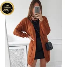 Cardigan Feminino de Tricô Manga Longa TRANÇA Sobretudo Inverno Kimono Grosso Casaco Longo Marrom